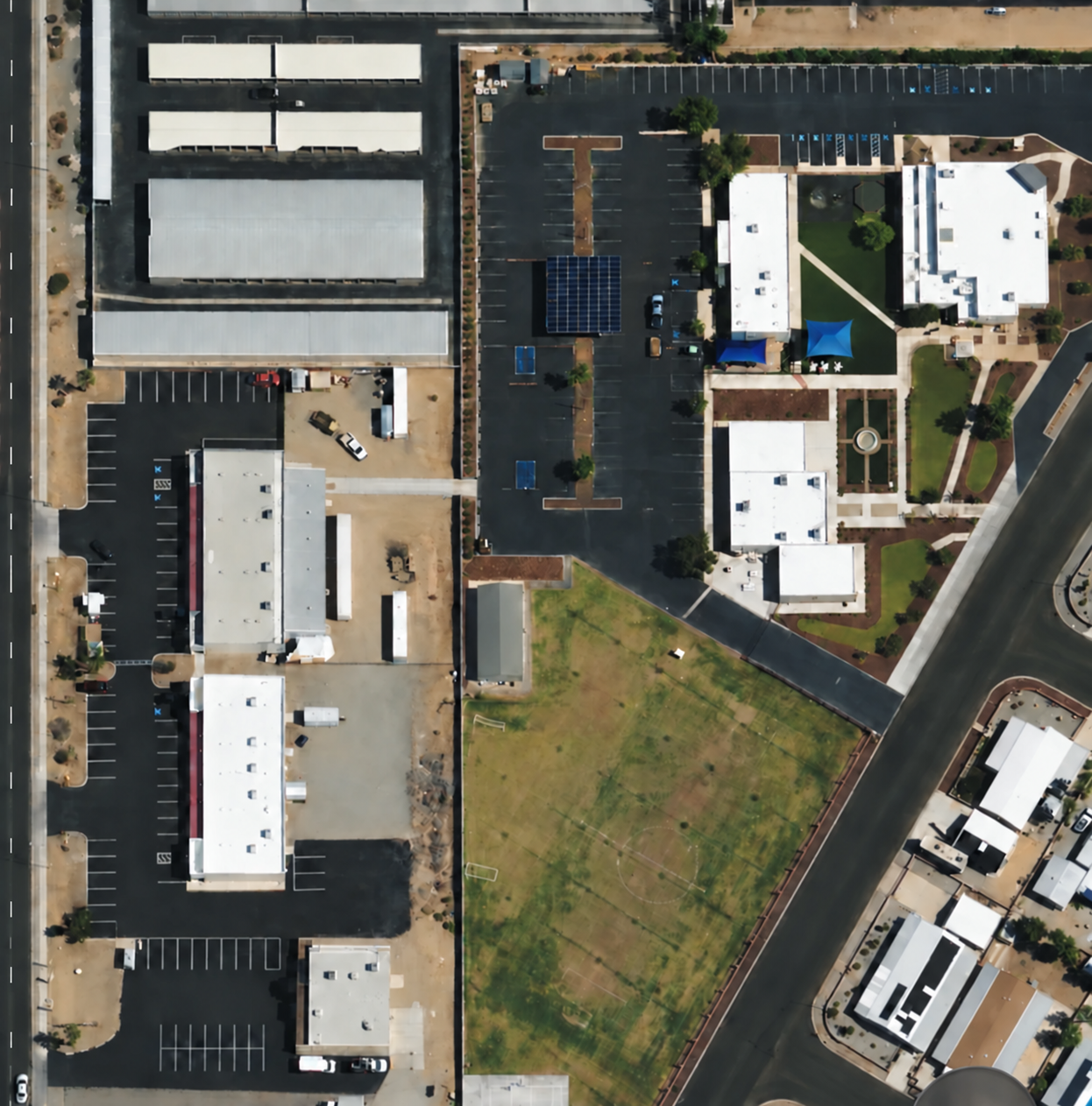 Aerial view of the Freedom Baptist Church campus, with map markers for the main church, Buildings 1, 2, 3 and 4, and parking.